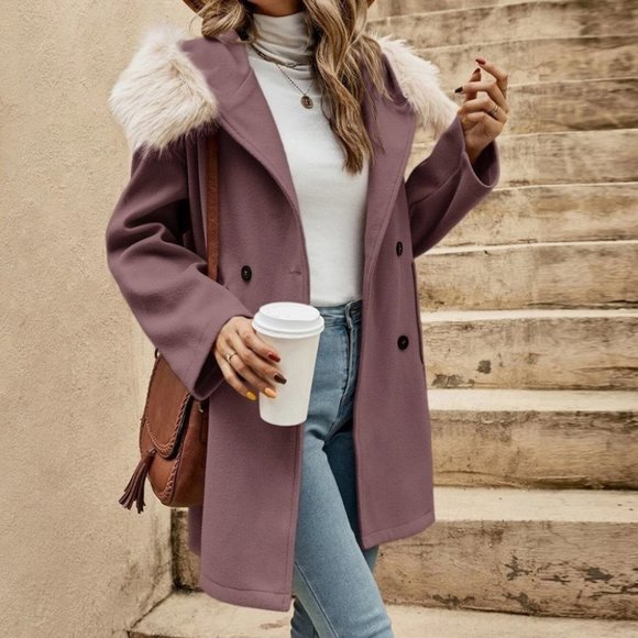 Mauve Purple Womens Hooded Overcoat - Picture 2 of 4